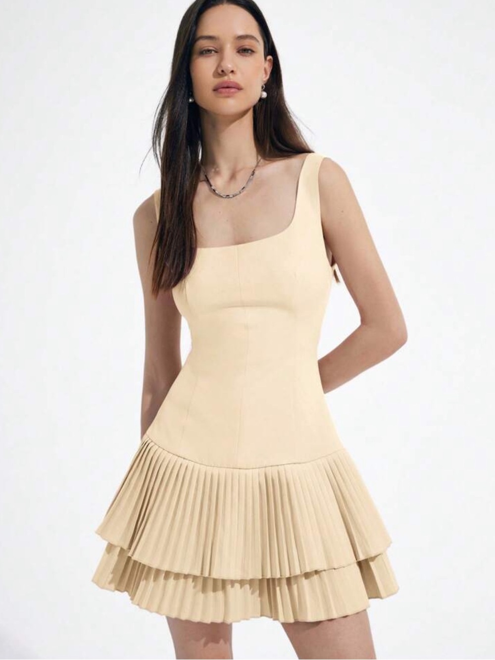 Sleeveless Cream Pleated Tier Mini Dress